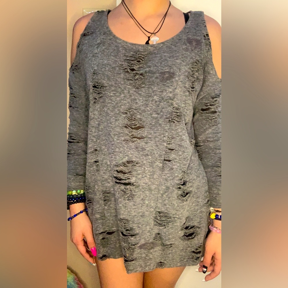 Grey Ripped Off The Shoulder Top